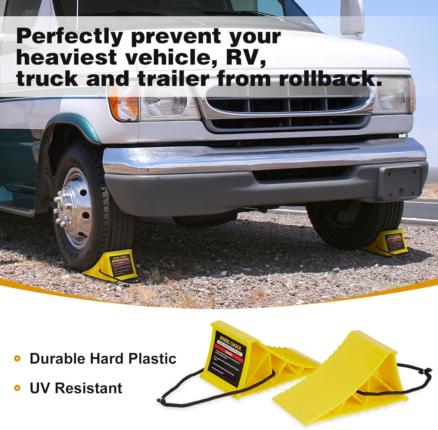 PAHTTO Wheel Chocks, 4Pack Heavy Duty Wheel Chocks with Rope for Easy Removal, Durable, Non-Slip, Hard Plastic Wheel Chocks for, RV, Camper, Effective in Keeping Your Vehicle in Place, Yellow