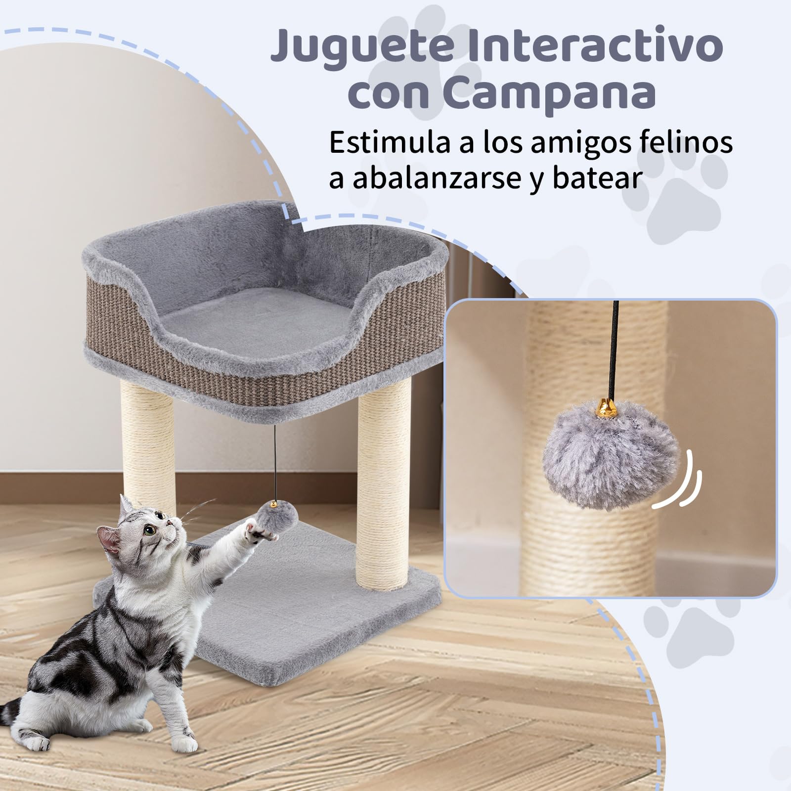 COSTWAY Árbol Rascador Pequeño para Gatos, 38 x 38 x 51 cm, Torre Rascador para Gatos con Plataforma Alfombrado de Felpa y Poste de Rascado de Sisal Natural, Cama para Gato, Relajarse y Dormir (Gris)