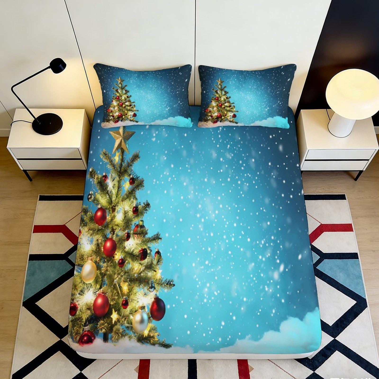 Pnayamiorkfel Style-4 3D Printed Christmas Tree Fitted Sheet Microfiber Soft Blue Snow Bedroom Bed Cover For Home Guest Room Decor 90X200x25cm