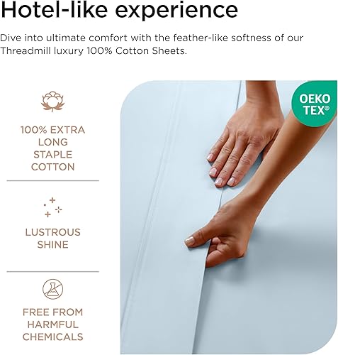 Miniatura 3 de Threadmill - Sábanas de 800 hilos tamaño individual XL, 100% de algodón, sábanas de tejido satinado color azul claro, conjunto de 3 piezas, se