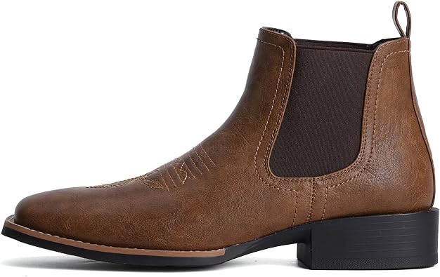 Western Cowboy Boots for Men - Mens Square Toe Chelsea Boots Ankle Cowboy Boots Mens Casual Retro Stylish Boots, Brown, 10.5