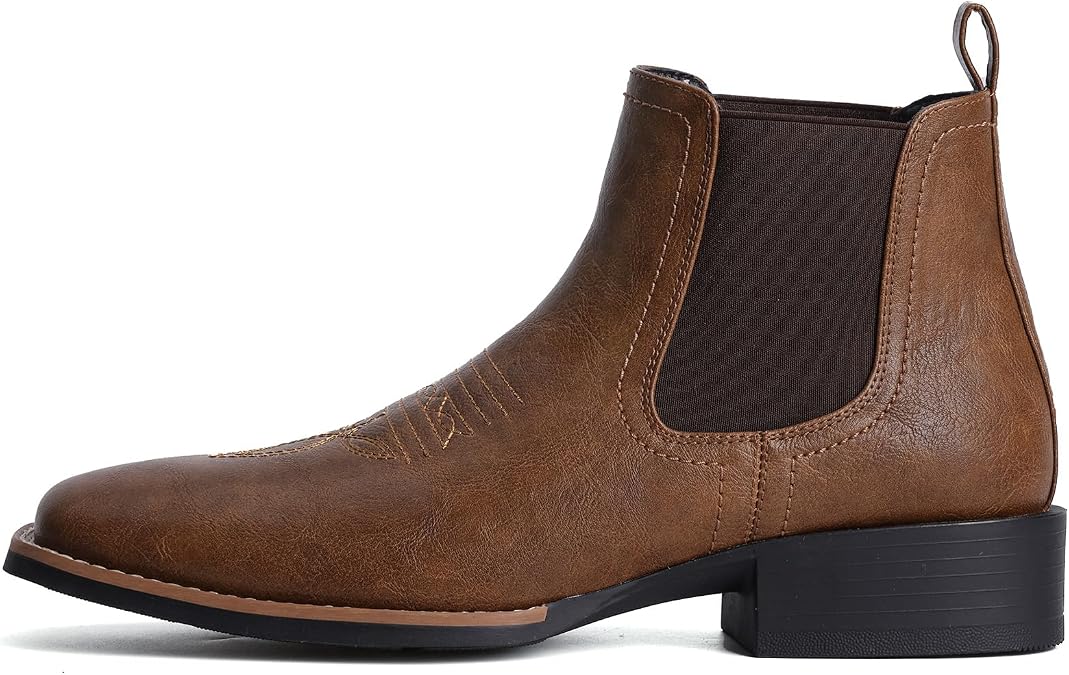 Western Cowboy Boots for Men - Mens Square Toe Chelsea Boots Ankle Cowboy Boots Mens Casual Retro Stylish Boots, Brown, 10.5