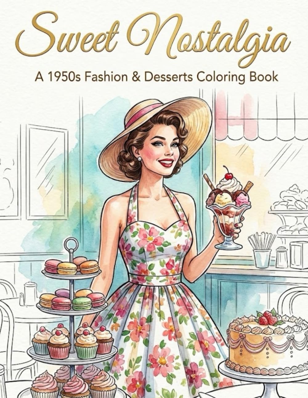 Sweet Nostalgia: A 1950s Fashion & Desserts Coloring Book: Escape into a world of vintage glamour and sweet delights." / "Relax and color your stress away with these beautiful illustrations.