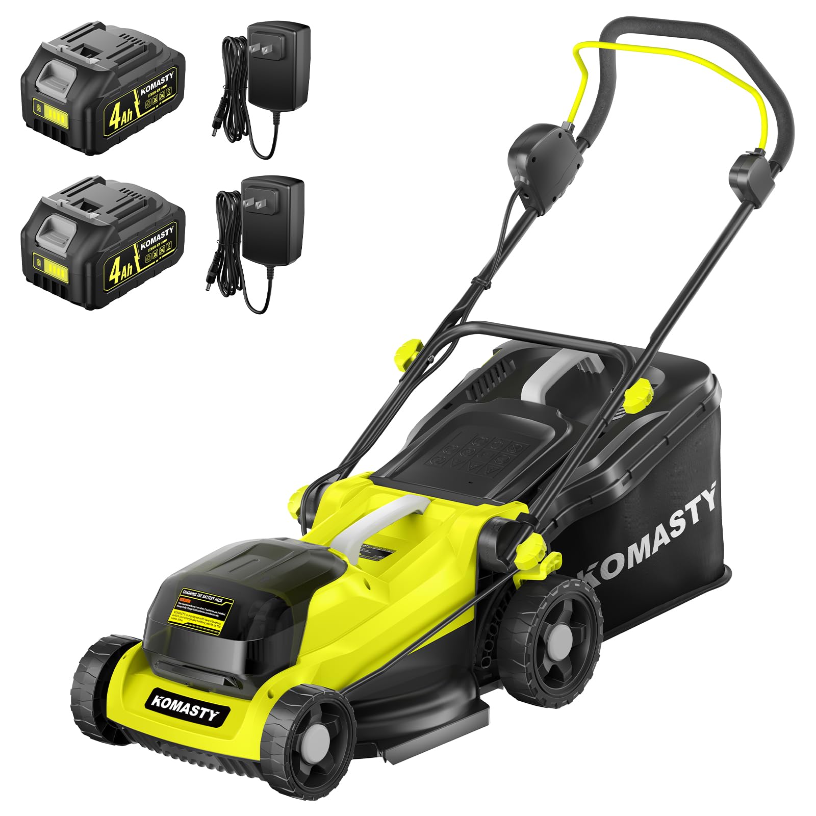 Photo 1 of * MISSING BATTERY AND CHARGERS* DIRTY AND HEAVILY USED* KOMASTY 40V Electric Lawn Mower 15" Cordless Battery Powered Mower, 2 in 1 Mulching Lawnmower with Height Adjustment Gallon Bag, Small Push Lawn Trimmer, 4.0Ah Battery and 2 Chargers Yellow