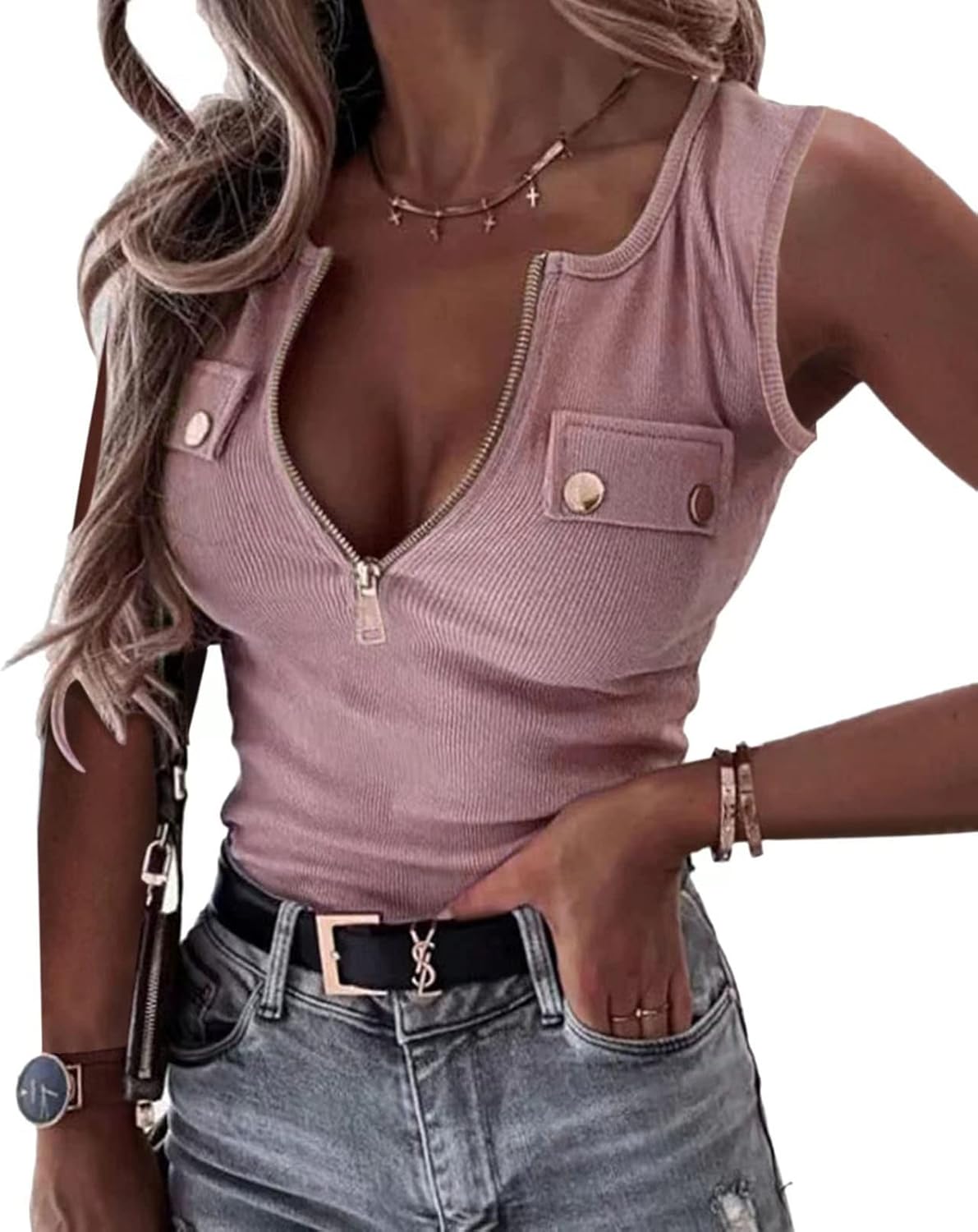 OUFEIYA Womens Long Sleeve Henley T Shirts Button Down Slim Fit Zipper Tops Scoop Neck Ribbed Knit Shirts - Image 2