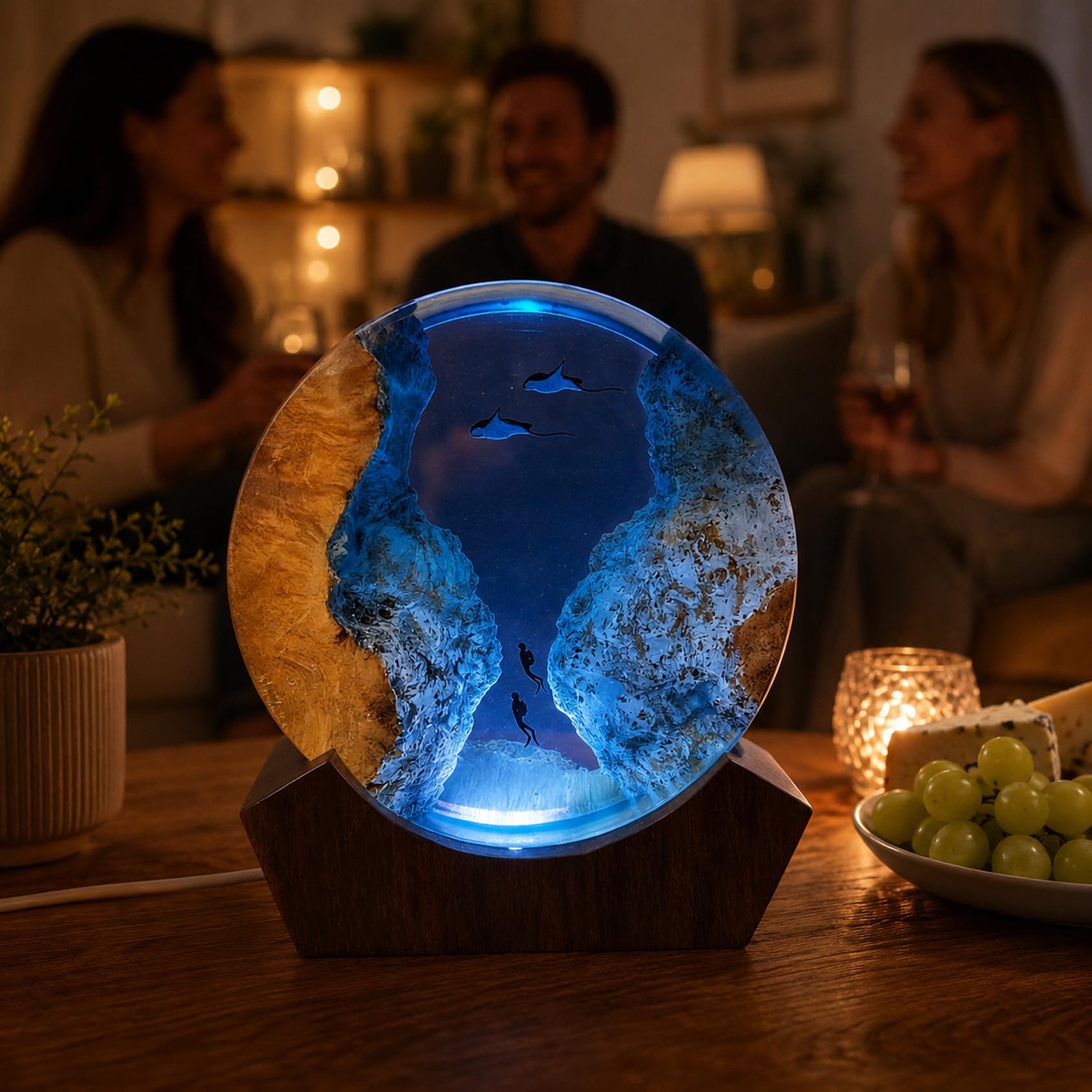 Drawelry 3D Runde Epoxidharz Nachtlicht Ornamente mit Holzsockel Harz Lampe, Kunsthandwerk Weltraum Tiefsee Dschungel Landschaft Tischlampe, Heim Büro Bücherregal Nachttisch Deko (Manta)