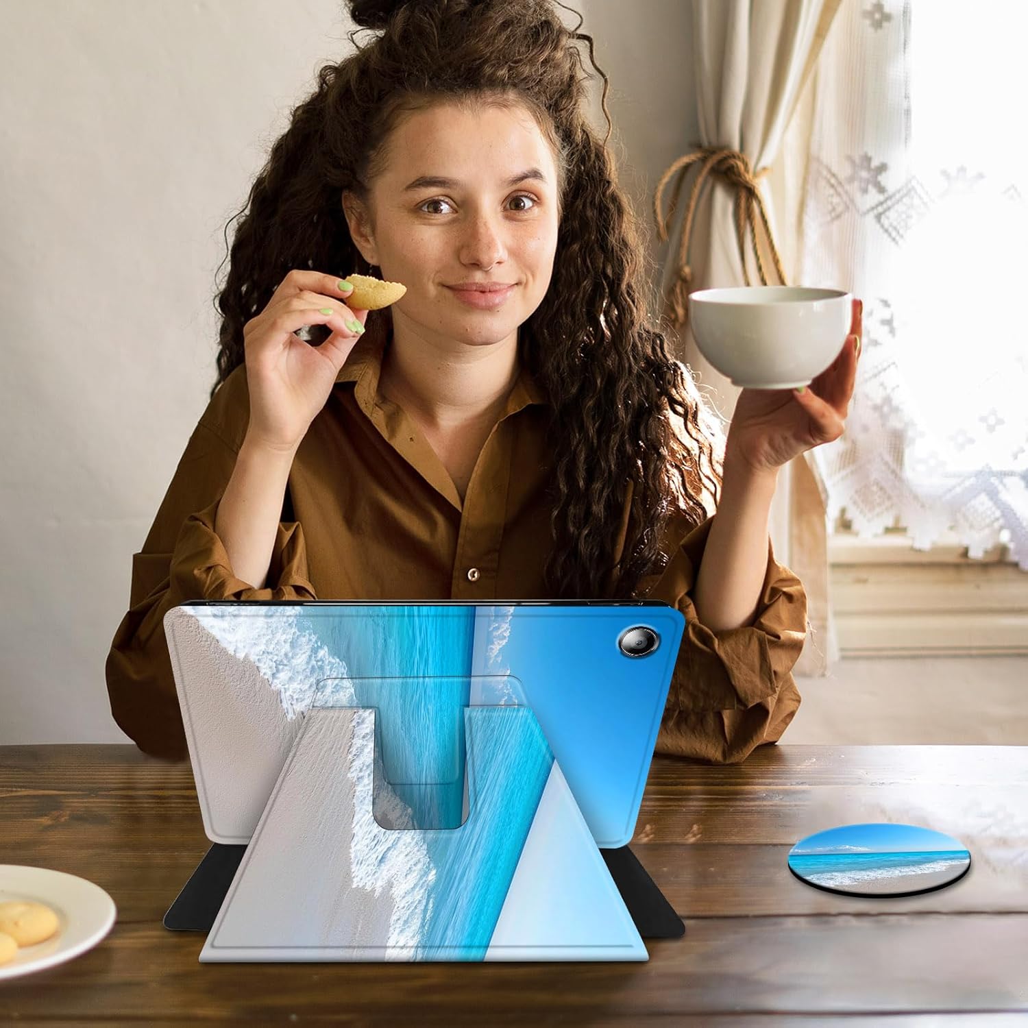 for Amazon Fire HD 10 Tablet Case 13th Generation 2023 Release,360 Degree Rotating Swivel PU Leather Stand Flip Folio with Auto Wake/Sleep Cover for Fire HD 10 Tablet 2023,Blue Sea Beach