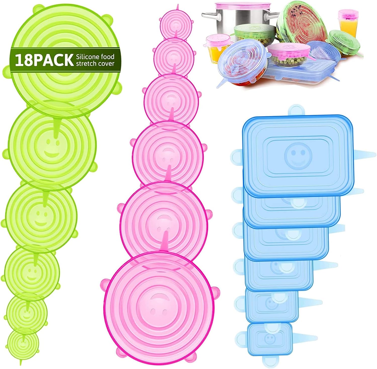 18 Stück Silikondeckel Set - 6 Verschiedene Größen, Dehnbar & Wiederverwendbar Für Schüsseln & Gläser