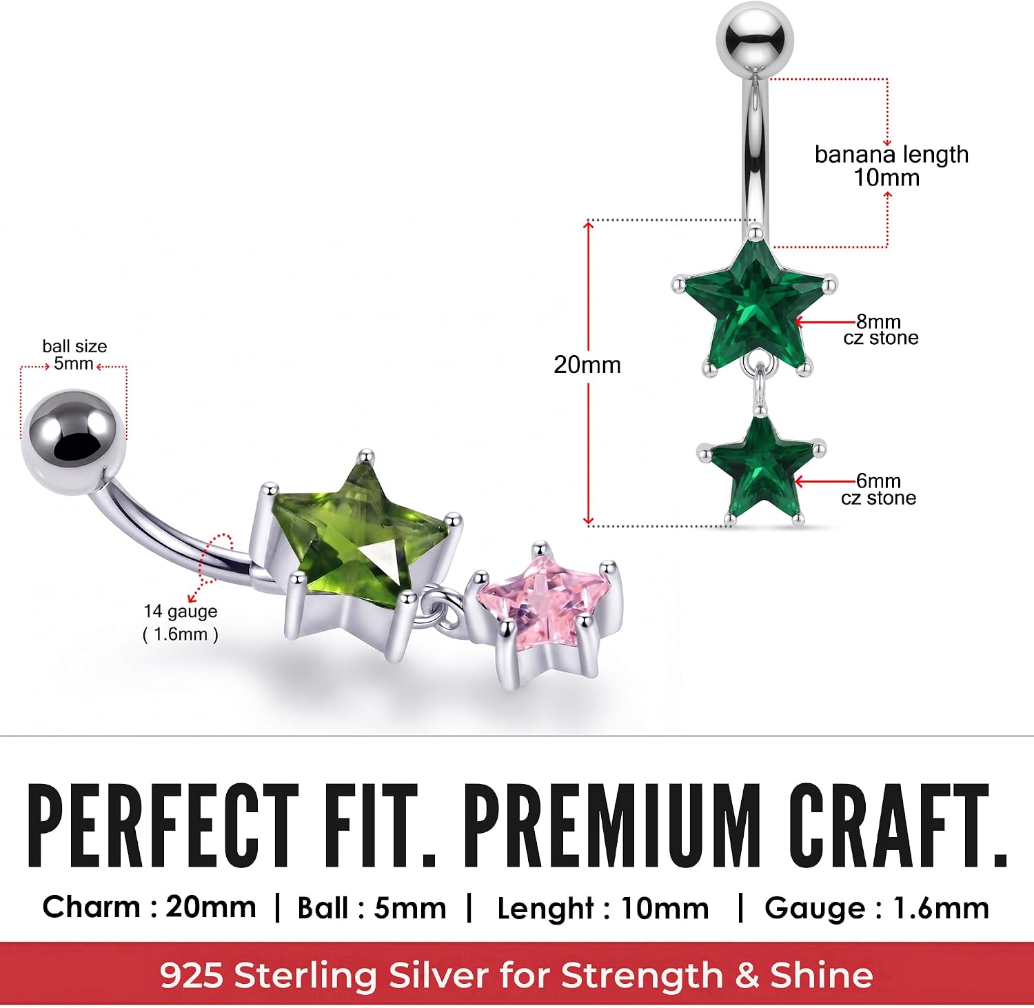 Double Star Cz Stone Dangling Design Sterling Silver with Stainless Steel Belly Piercing Ring Body Jewelry
