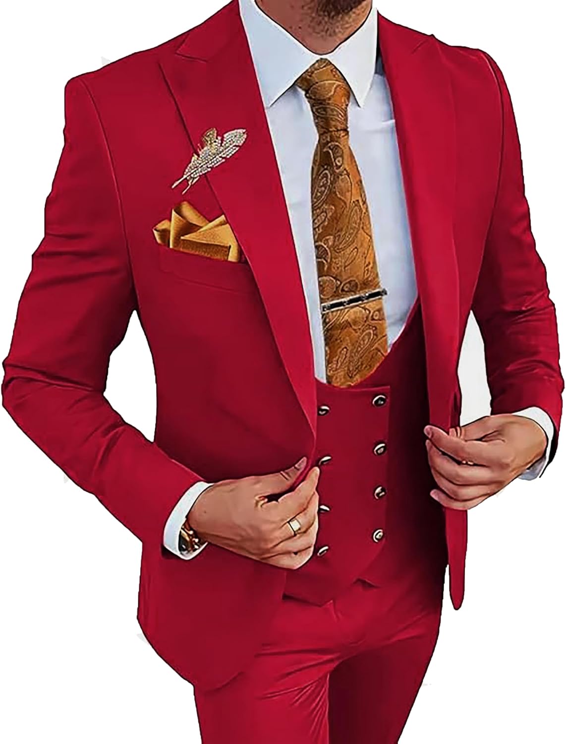 MOGU Mens Suits Gold Buttons 3 Piece Slim Fit Tuxedo Suit Set Blazer Vest Pants for Wedding Prom