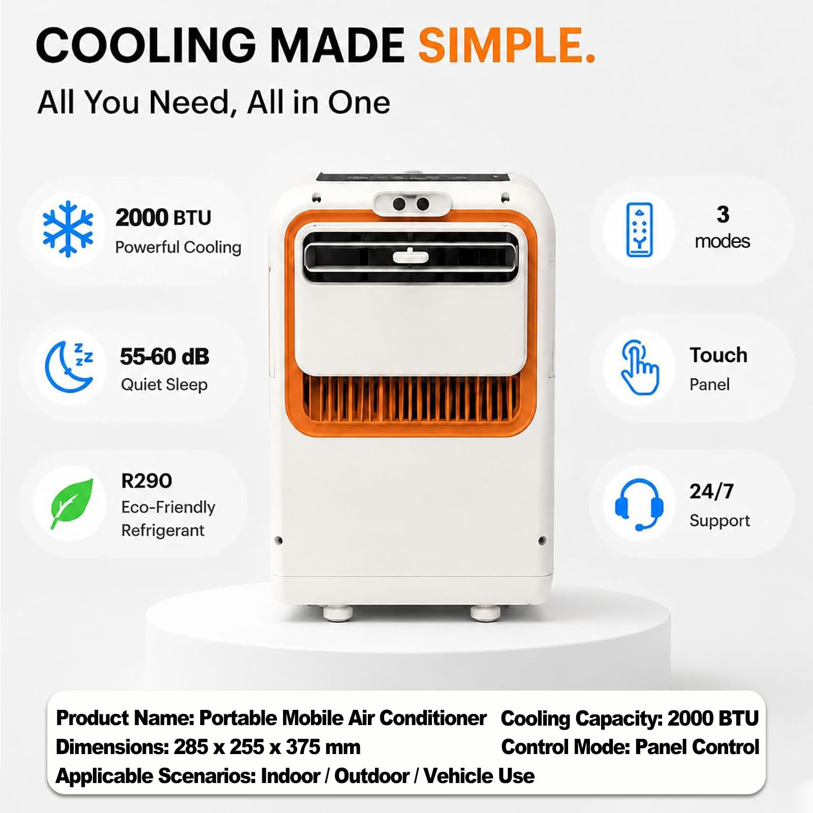Przenośny klimatyzator z technologią sprężarkową, mini-klimatyzator o mocy chłodniczej 2000 BTU z funkcją osuszania – do domu, kampera i na kemping