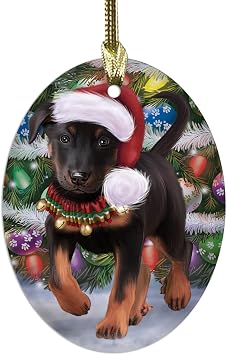 Christmas Trotting in the Snow Beauceron Dog Oval Glass Christmas Ornament- 3.75" x 2.75" Oval Pet Decorative Hanging Ornaments for Christmas X-mas Tree Decorations, OGO50955