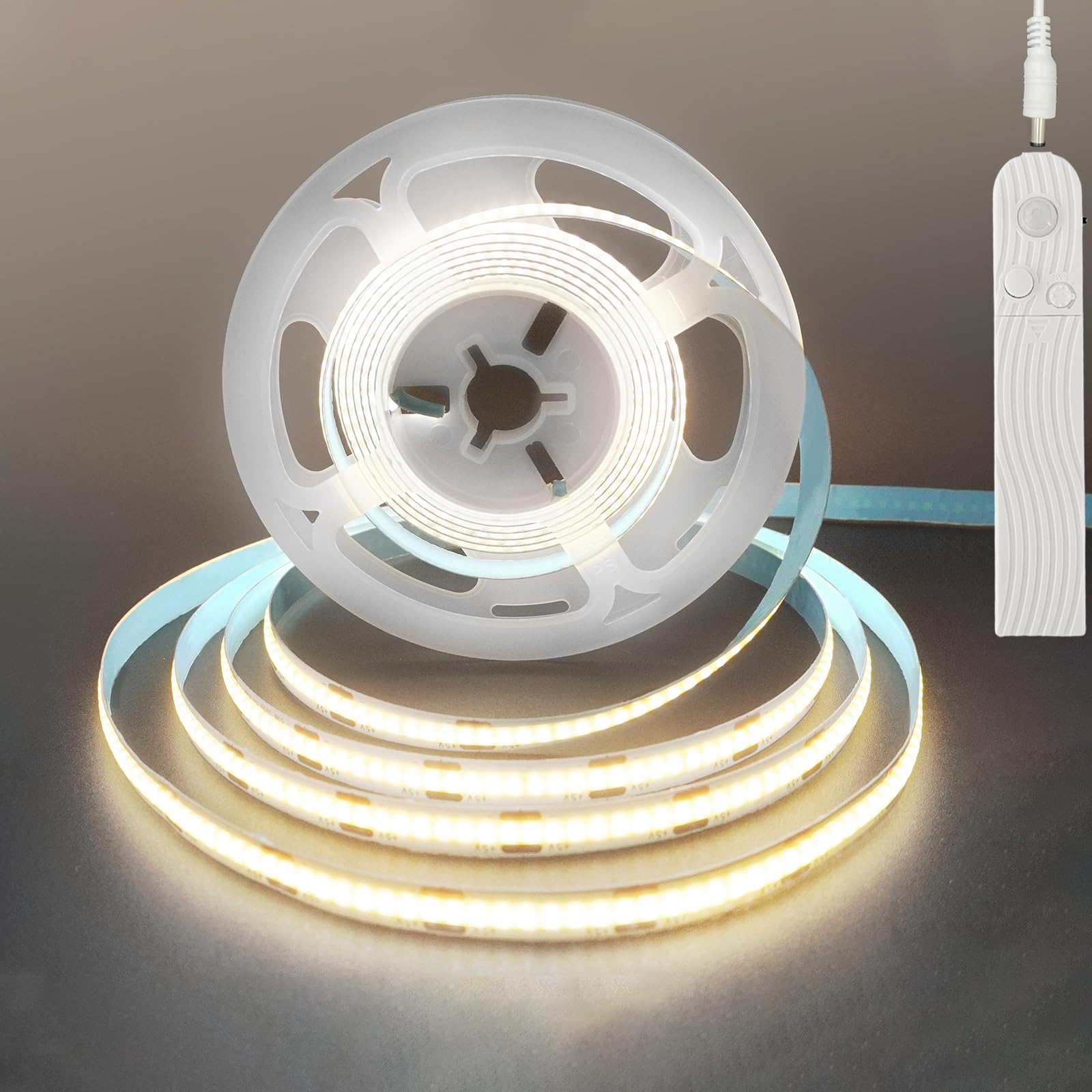 5V COB LED Strip Lights with PIR Movement Sensor 2Pcs,Time-Delay Adjustable,Two Power Supply Ways,Battery Powered(no Battery),9.84FT/3M,Natural White 4000K,320LEDs/M,8mm Width,for Cabinet