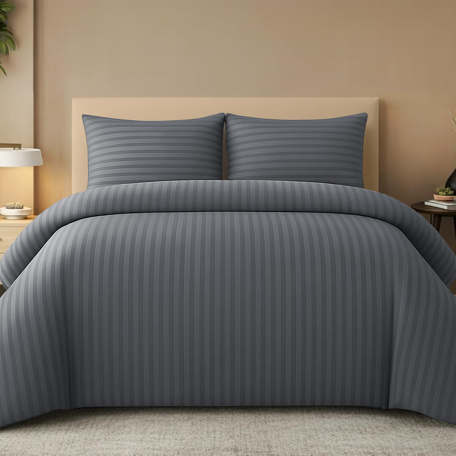Pamposh Grey Satin Stripe Double Duvet Set - Premium Hotel Quality Quilt Cover Bedding Sets - Hypoallergenic Ultra Soft Microfiber Bed Linen