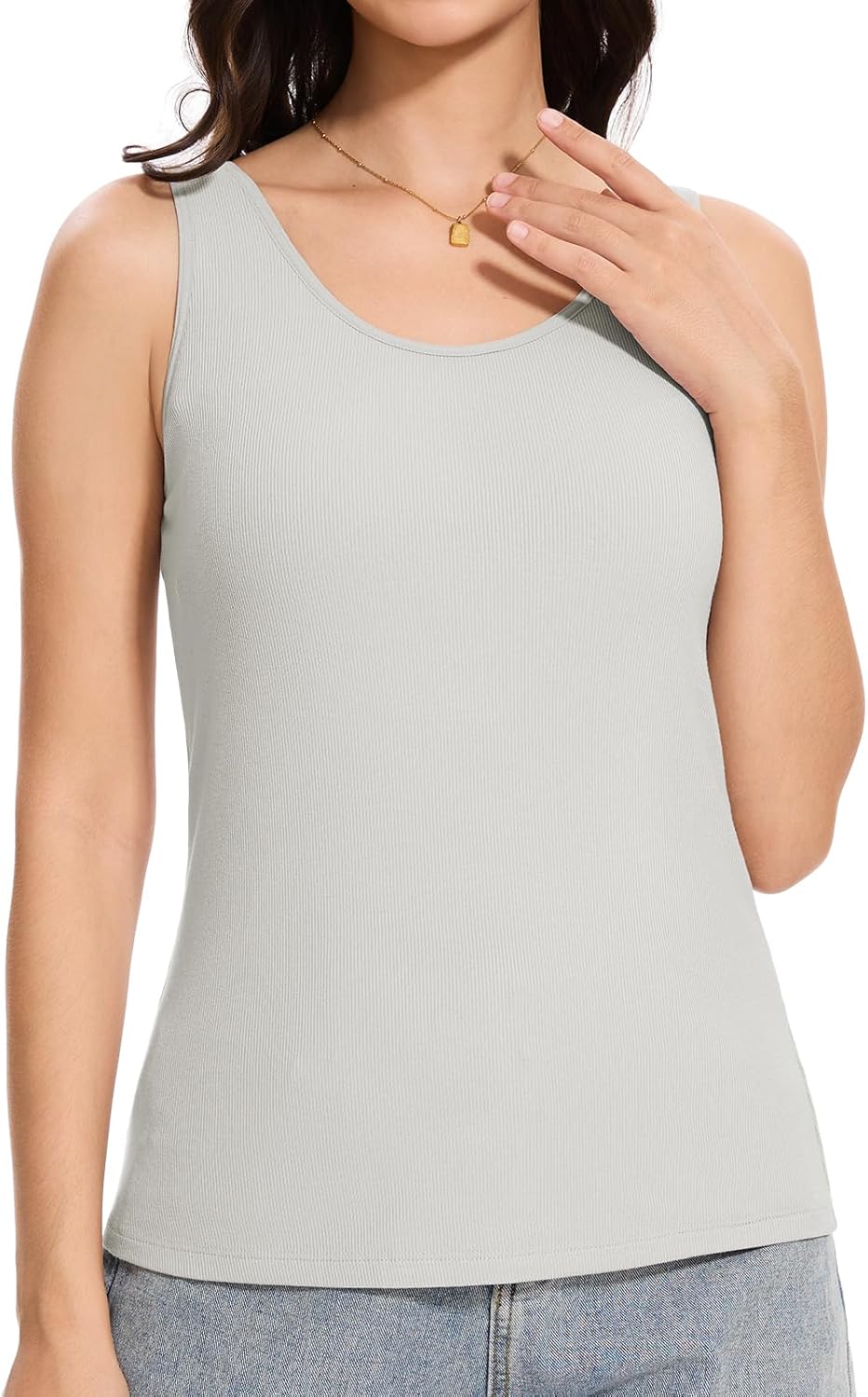 Knuffnee Women Ribbed Tank Top Built in Bra Basic Fitted Sleeveless Undershirts Scoop Neck Tank Top