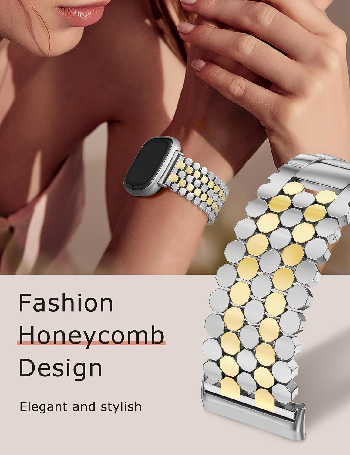 Minyee Metal Bands Compatible with Fitbit Sense 2/Versa 4/Versa 3/Sense Bands Women, Dressy Stainless Steel Chain Honeycomb Designer Luxury Chic Link Bracelet Wristband Replacement Strap for Versa 4 image 5