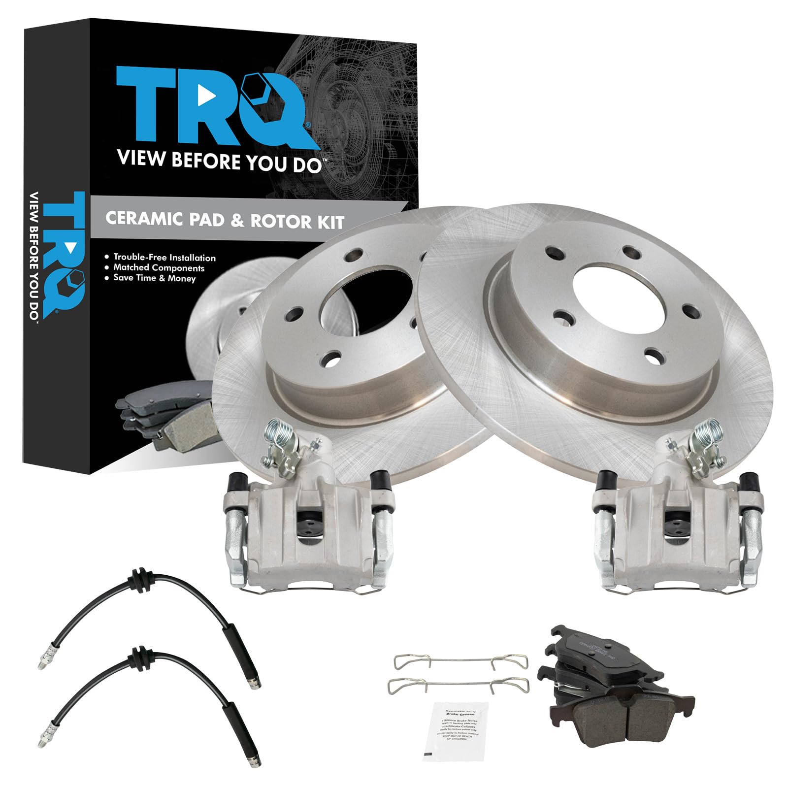 TRQ Rear Brake Pad and Rotor Set Ceramic Rotors Calipers Compatible with 2004-2005 Mazda 3