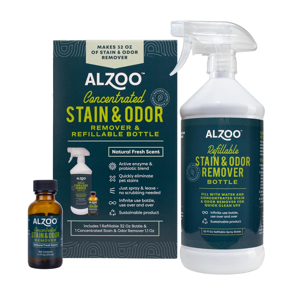 ALZOO Concentrated Stain & Odor Remover Bundle Bottle Set, Includes 32 Fl. Oz Refillable Bottle & 1.1 Oz. Concentrated Stain & Odor Remover, 100% Plant-Based Active Ingredients