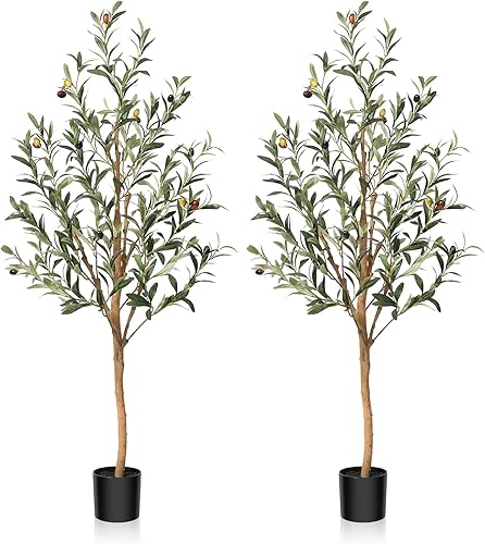 SOGUYI Árbol de olivo artificial, planta de seda sintética de 4 pies de alto con tronco de madera natural y frutas realistas para decoración del