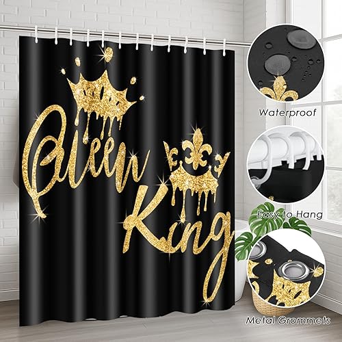 Miniatura 6 de Arttown Juego de baño negro con cortina de ducha y accesorios de alfombras, cortinas de ducha negras doradas King y Queen, decoración de baño
