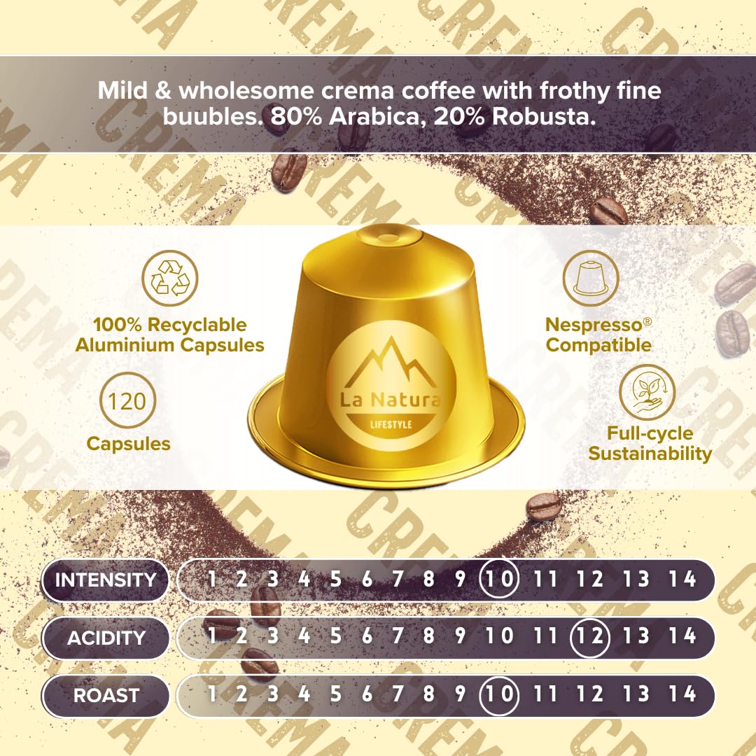 La Natura LIFESTYLE 120 cápsulas de café CREMA de aluminio, 100% reciclables, compatibles con Nespresso