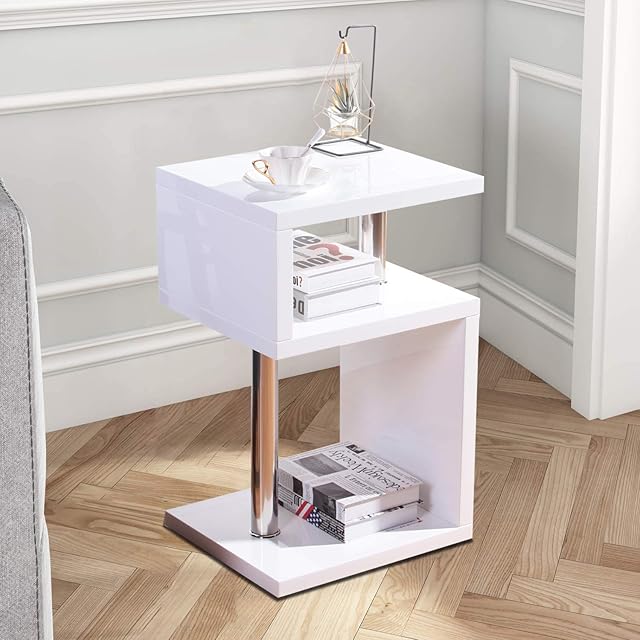 GOLDFAN High Gloss S-Shape Side End Table Heightened with 3 Tier Storage Shelves Modern Coffee Sofa Table Bedside, White