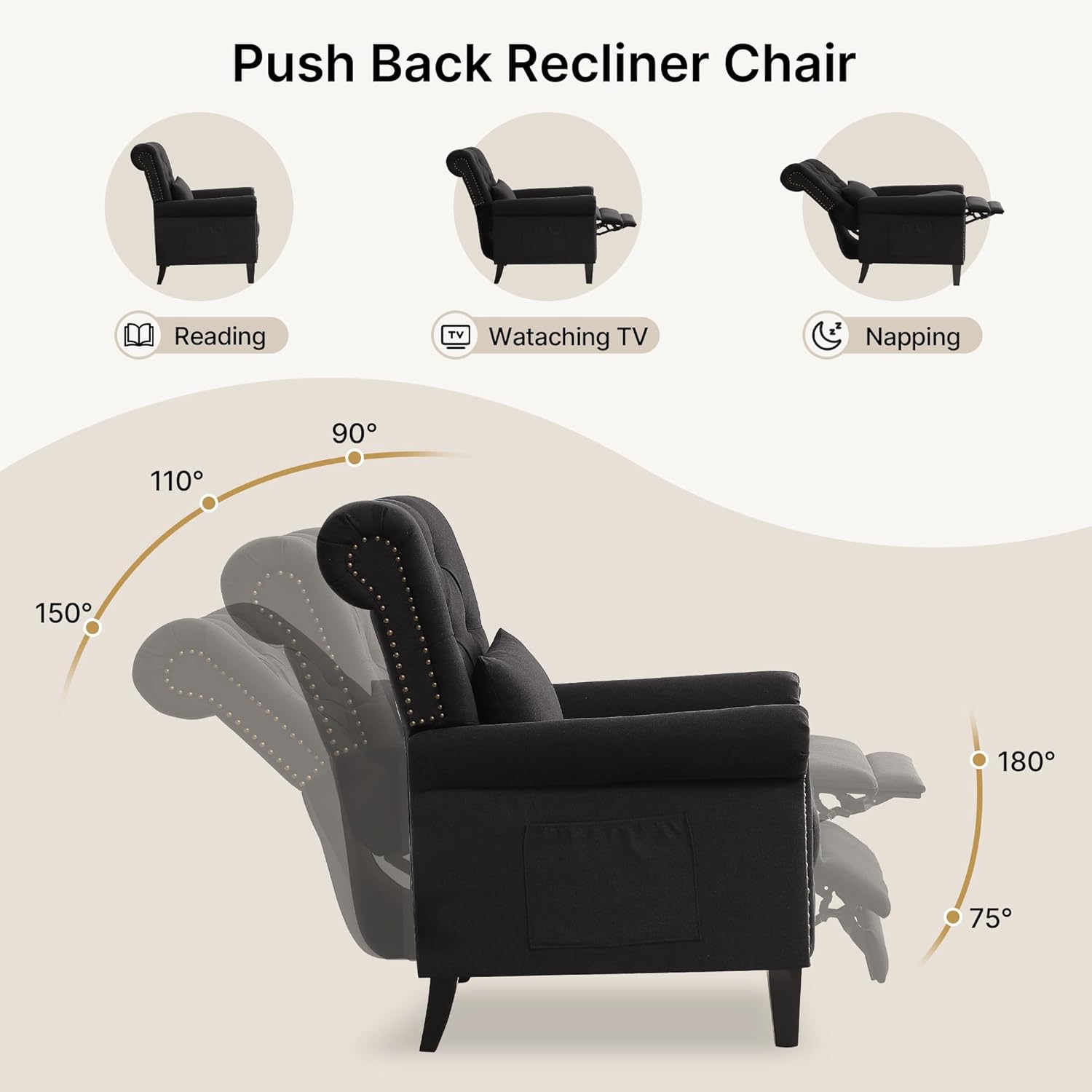 Pushback Recliner Chair, Accent Push Back Chairs with Adjustable Footrest, Upholstered Linen Reclining Sofa with Side Pocket, Comfy Modern Armchair for Living Room, Bedroom, Black