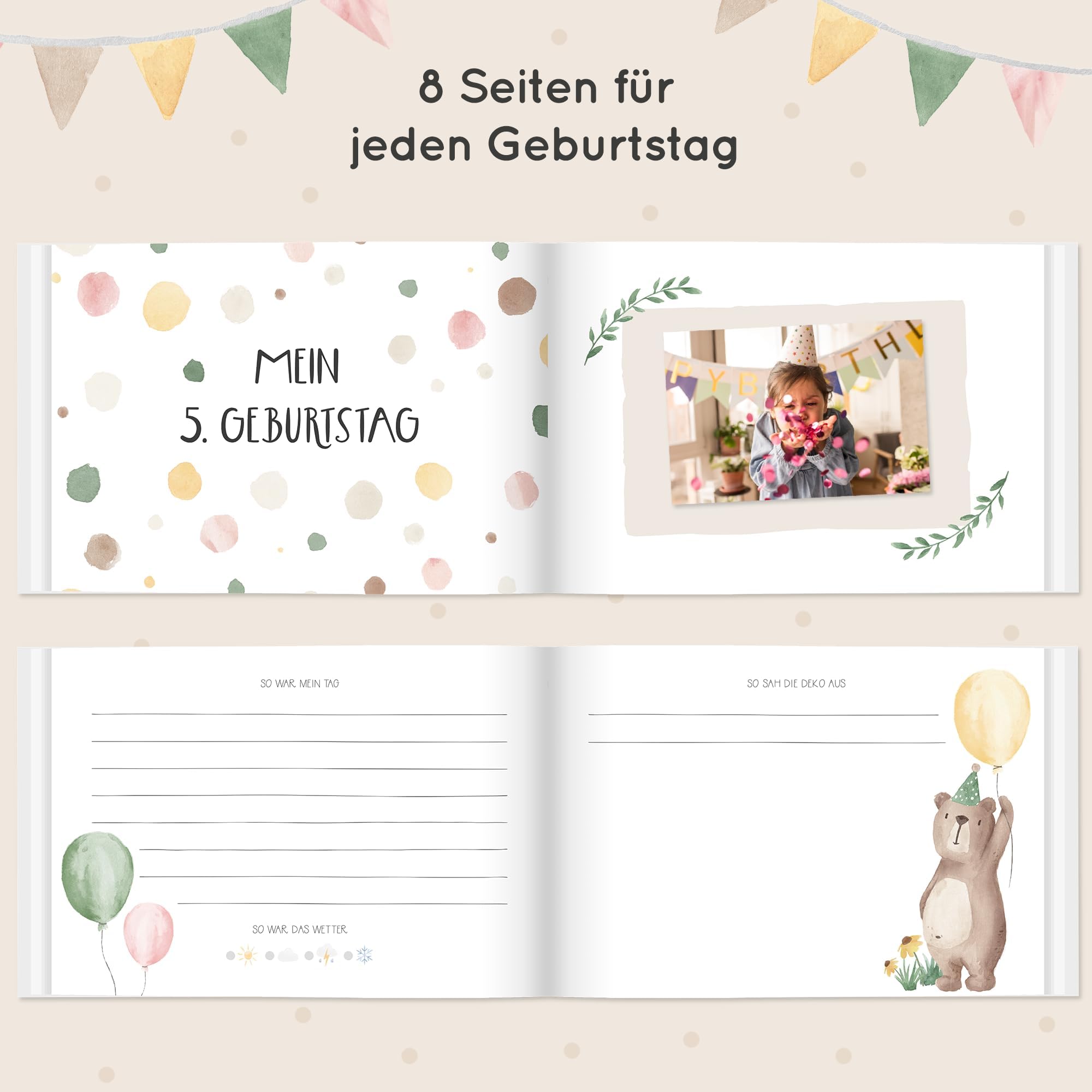 Geburtstagsbuch Erinnerungsalbum – Meine Geburtstage von 1 bis 12, Geschenk zum 1 Geburtstag für Mädchen und Jungs, DIN A5