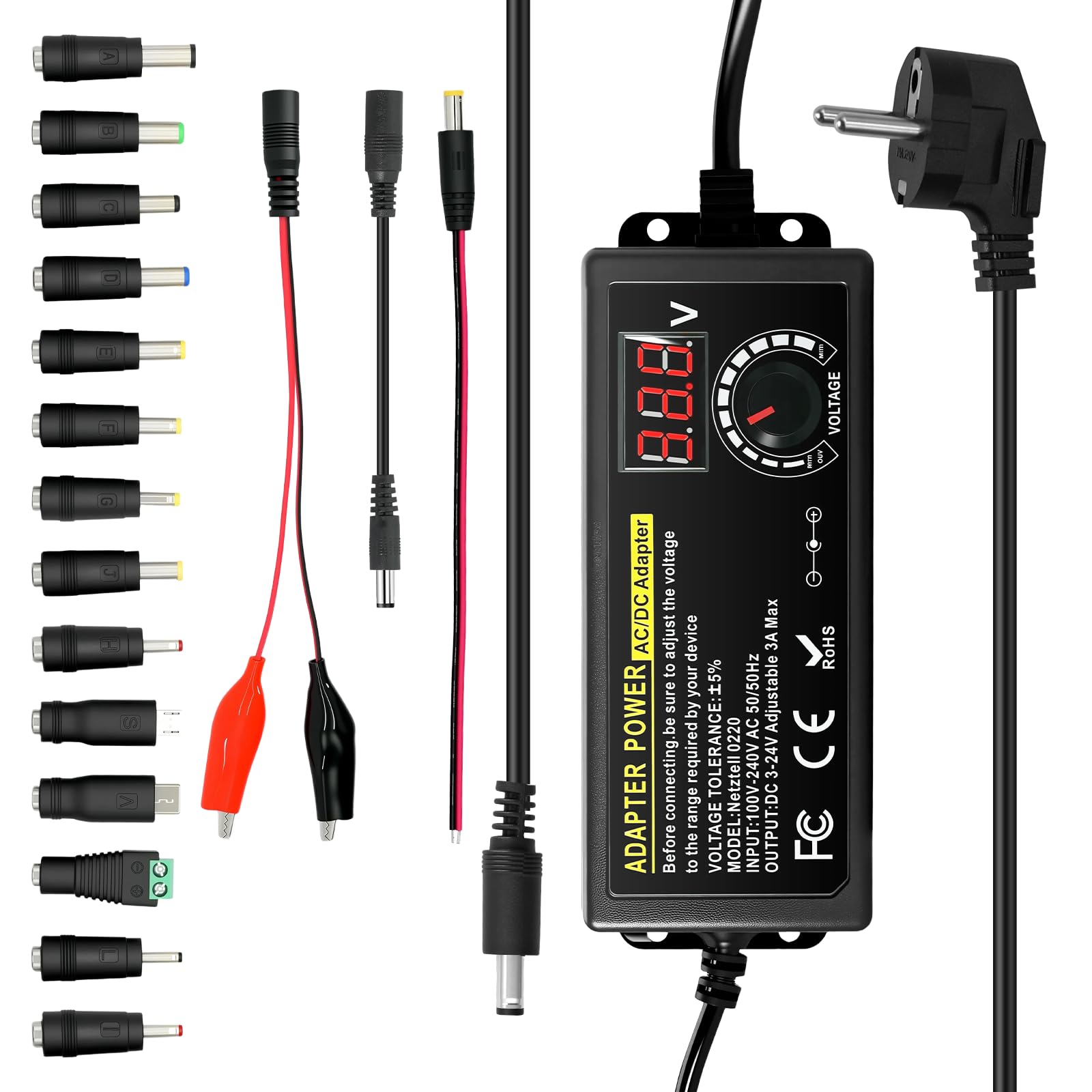 Fuente de alimentación Universal de 72W, 3V-24V y 3A máx. con Voltaje Ajustable, Adaptador de Corriente AC/DC 100-240V con indicador LED + 14 Puntas para electrónica doméstica, portátiles, routers