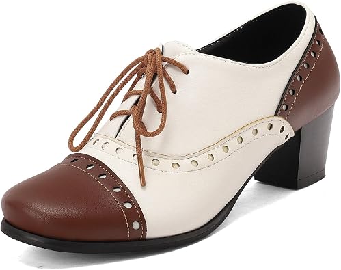 SHEMEE Vintage Wingtip Oxfords Heels for Women Brogues Chunky Mid Heel Lace Up Oxford Pumps Block Heels Classic Loafers Brock Design Derby Shoes
