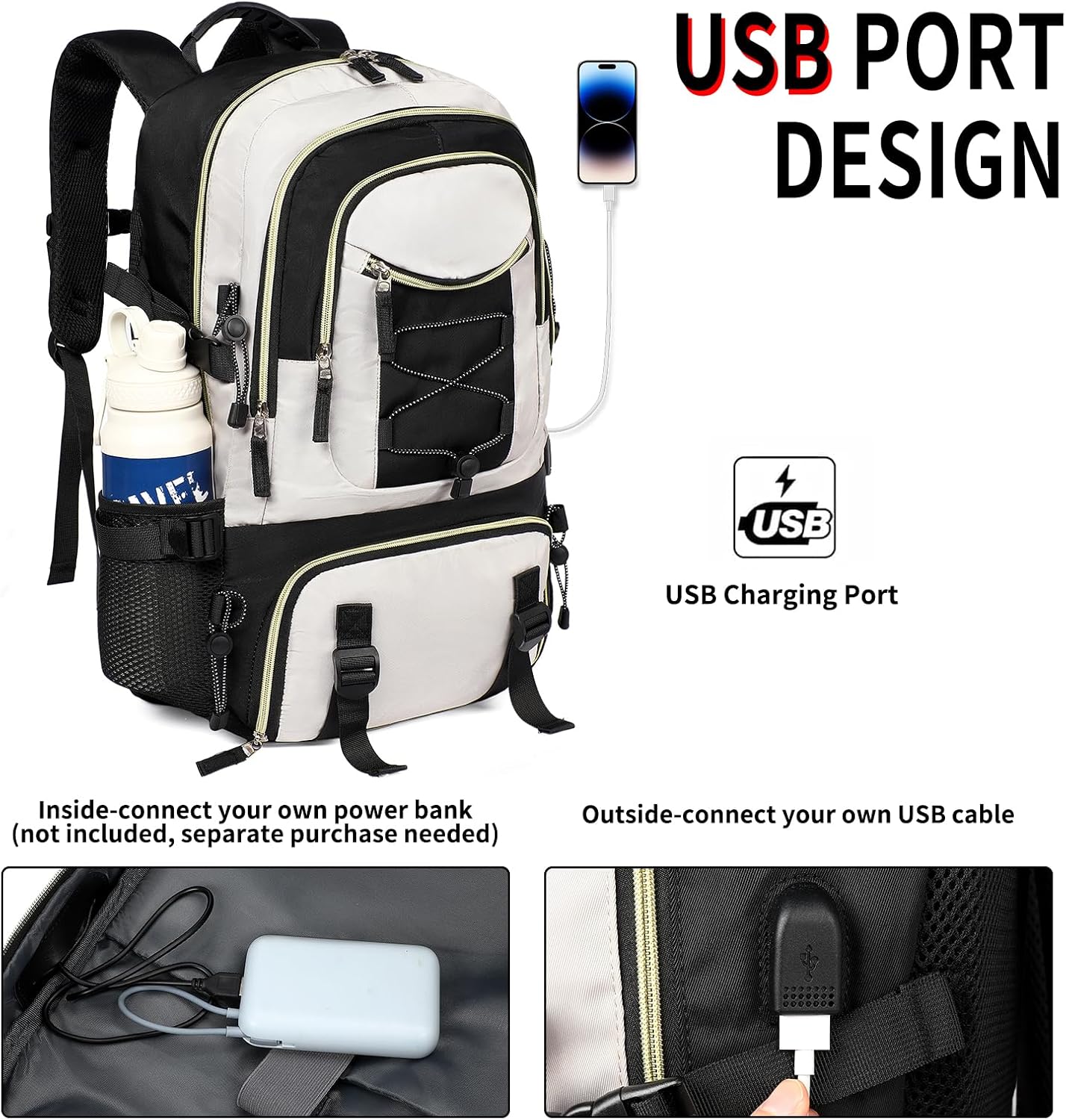 GAEKEAO Travel Backpack for Women Men with USB Charging Port Carry On Backpack Fits 17 Inch Laptop Personal Item Bag for College work Hiking Black with Beige