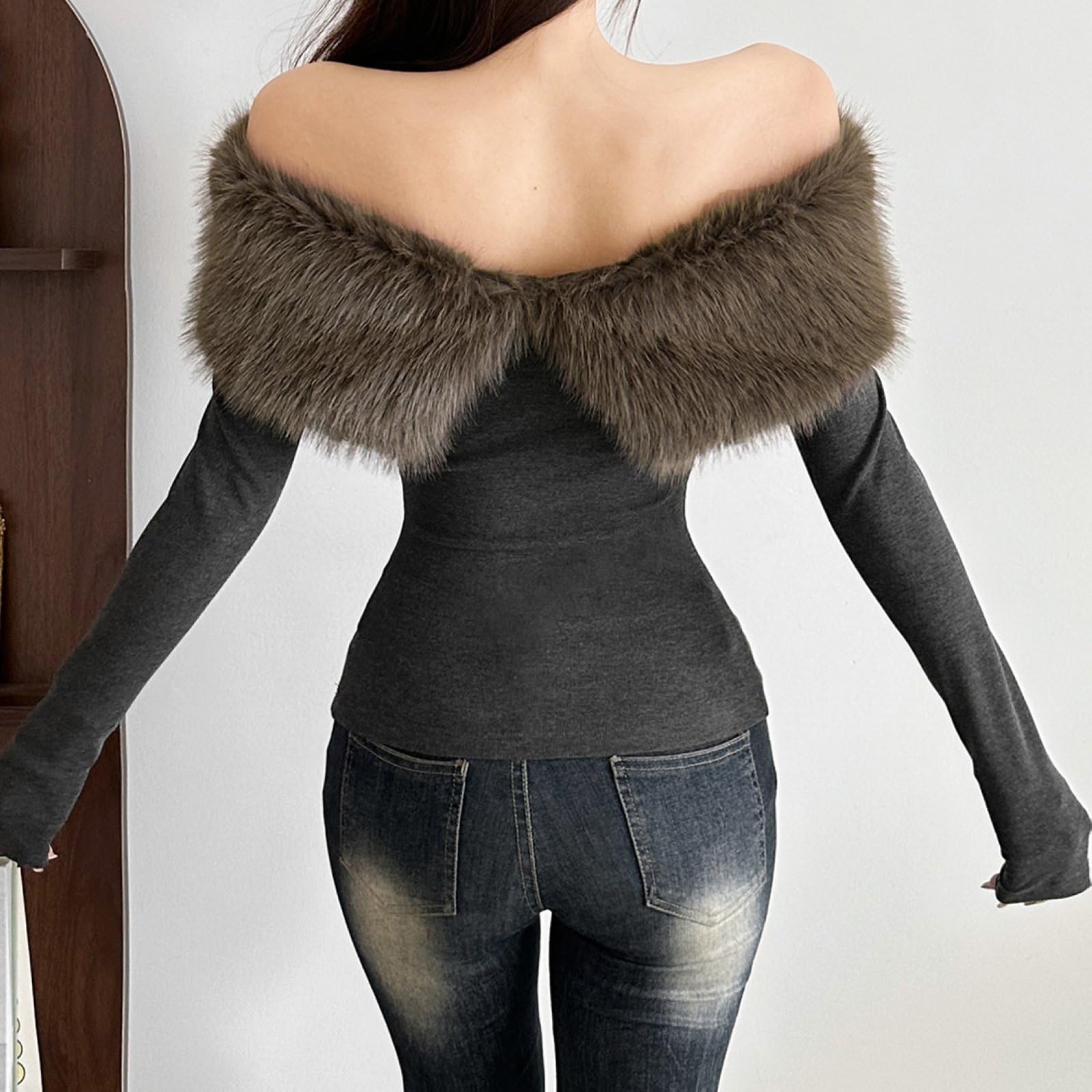 T-Shirts Courts Pour Femmes En Fausse Fourrure Épaules Dénudées Coupe Slim Mignons Mode Automne-Hiver