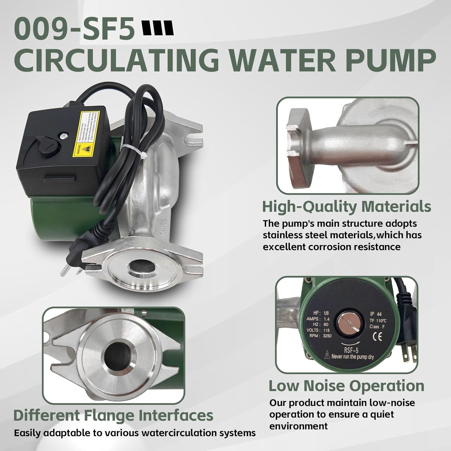 009-SF5 009SF5 Water Circulating Pump Fits for Taco Flanged High Velocity Cartridge Circulator Pump 1/8 HP 115V 3250RPM 10GPM 150Psi