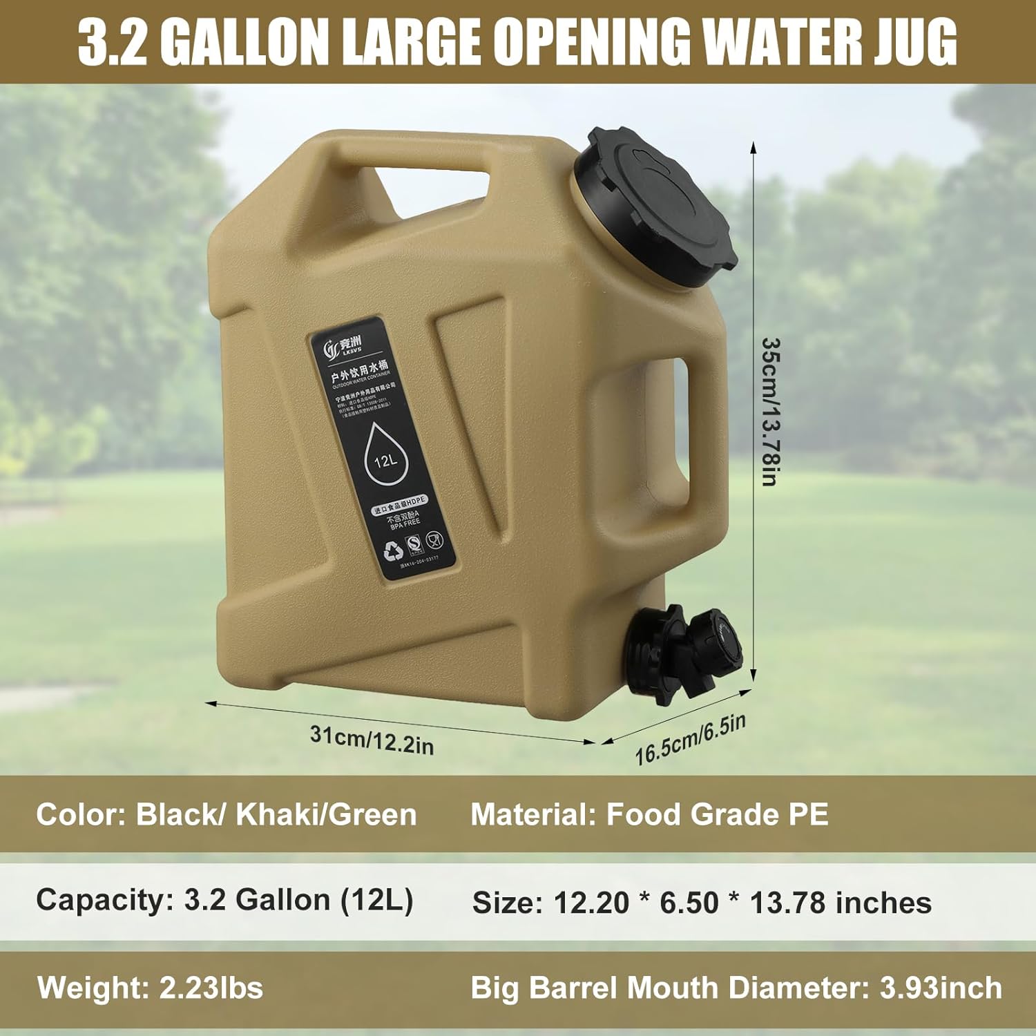 Camping Water Jug, 3.2 Gallon (12L) Portable Water Containers with Spigot, No Leakage Portable Emergency Water Tank Canteens for Camping and Emergency Storage