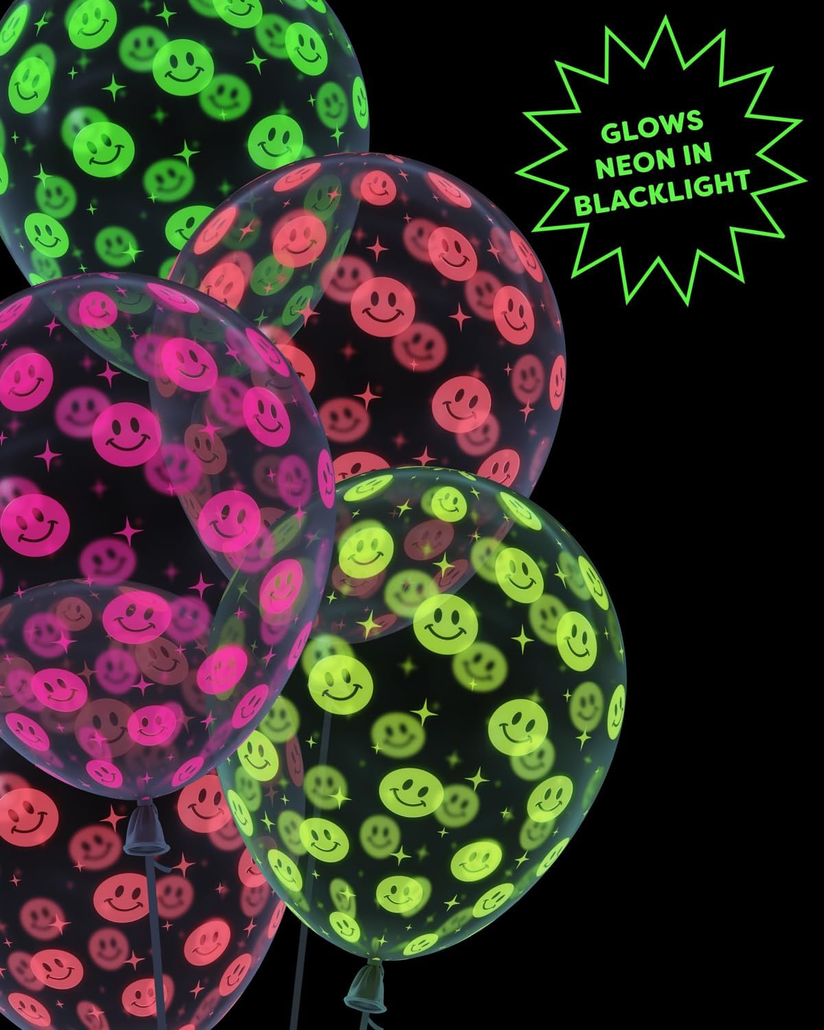 xo, Fetti Black Light Neon Smiley Print Latex Balloons - 24 pk, 12" | Groovy Rave Bachelorette Decorations, Preppy Birthday Party Supplies, Baby Shower Decor, Y2k Fun Photo Booth