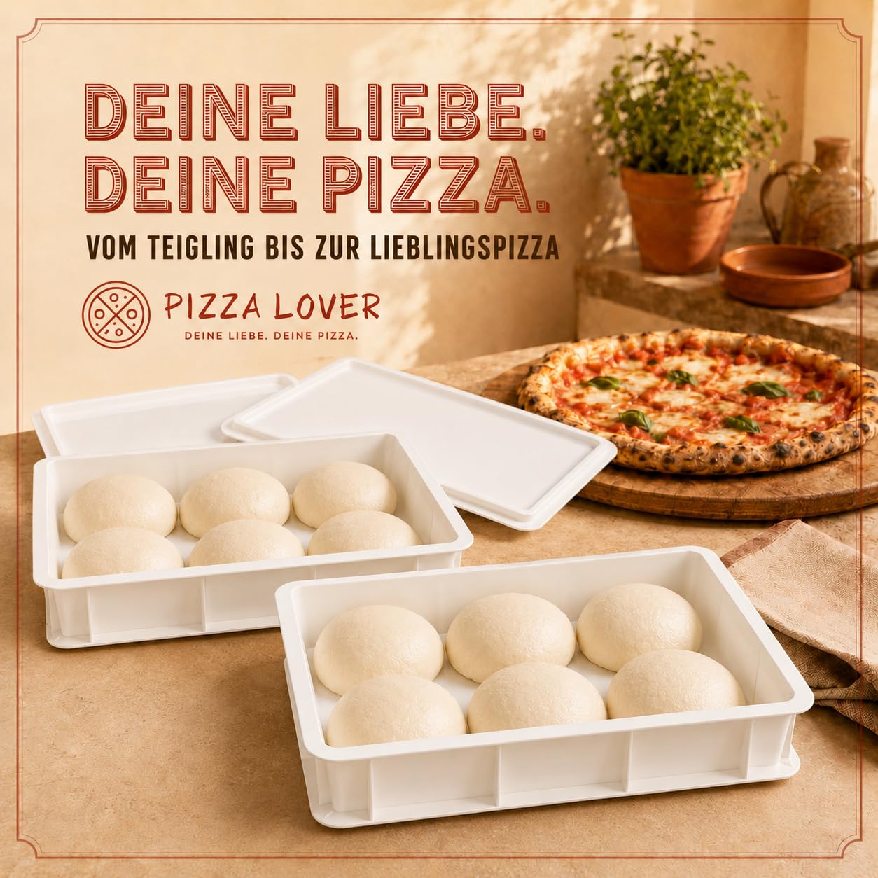 Pizza Lover 2 x pudełko na pizzę z 2 pokrywkami – stabilne pudełko na ciasto do pizzy 30 x 40 x 7,5 cm, pudełko do fermentacji ciasta na pizzę i ciasto, można układać w stos i nadaje się do kontaktu z