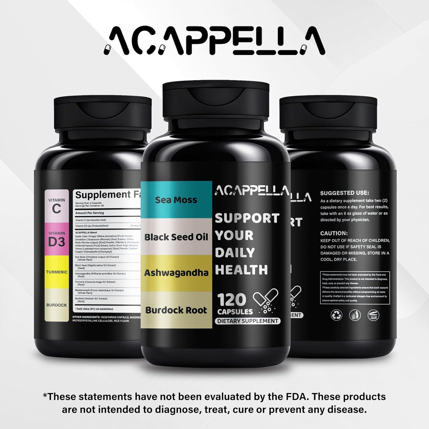 ACAPPELLA Ashwagandha Capsule with Black Seed Oil Capsules Sea Moss Burdock Root Bladderwrack Supplement - 120 Count