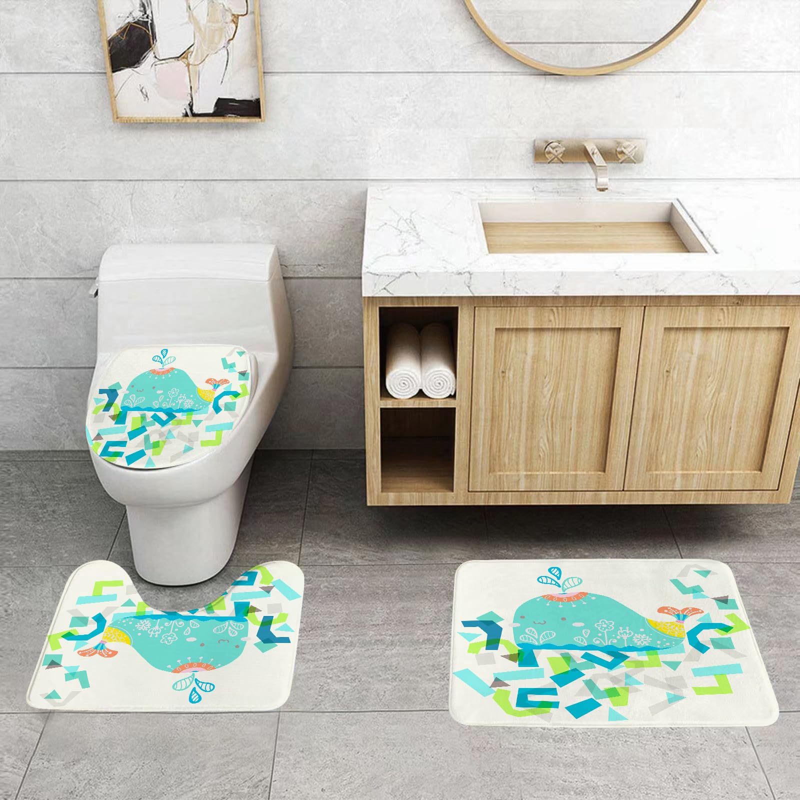 Set di 3 tappetini da Bagno, Lavabili in Lavatrice e Antiscivolo, in Morbida Fibra Superfine, con Decorazione a Balena e Simpatici Motivi Geometrici.