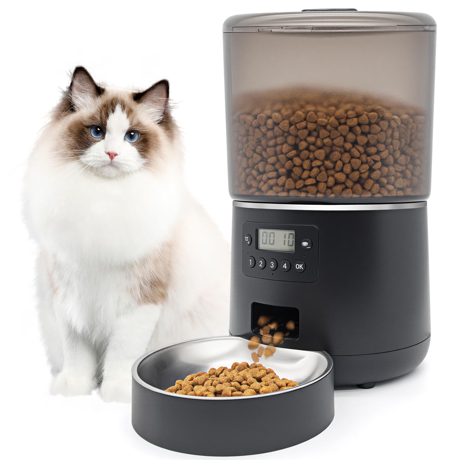 Futterautomat Katze mit Timer – 4L großes Fassungsvermögen, Programmierbar für 4 Mahlzeiten täglich, Präzise Portionskontrolle, Ideal für Katzen und Haustiere