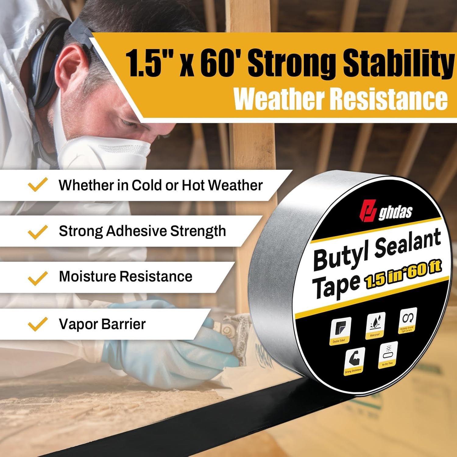 Bghdas - 2 Pack Butyl Sealant Tape 1 1/2" X 60' - Double Sided - Black Vapor Barrier Butyl Tape for Wall of Crawl Space, Rv Windows, Deck Boat, Crawlspace (Waterproof, Weatherproof)