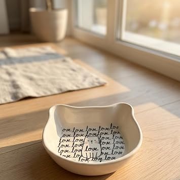 Ceramic Cat Shaped Prize Container | Cute Pet Food Container | 200 ml Capacity, Decorative Cat Container (Lovelovelove) for Kittens, Kittens and Small Pets