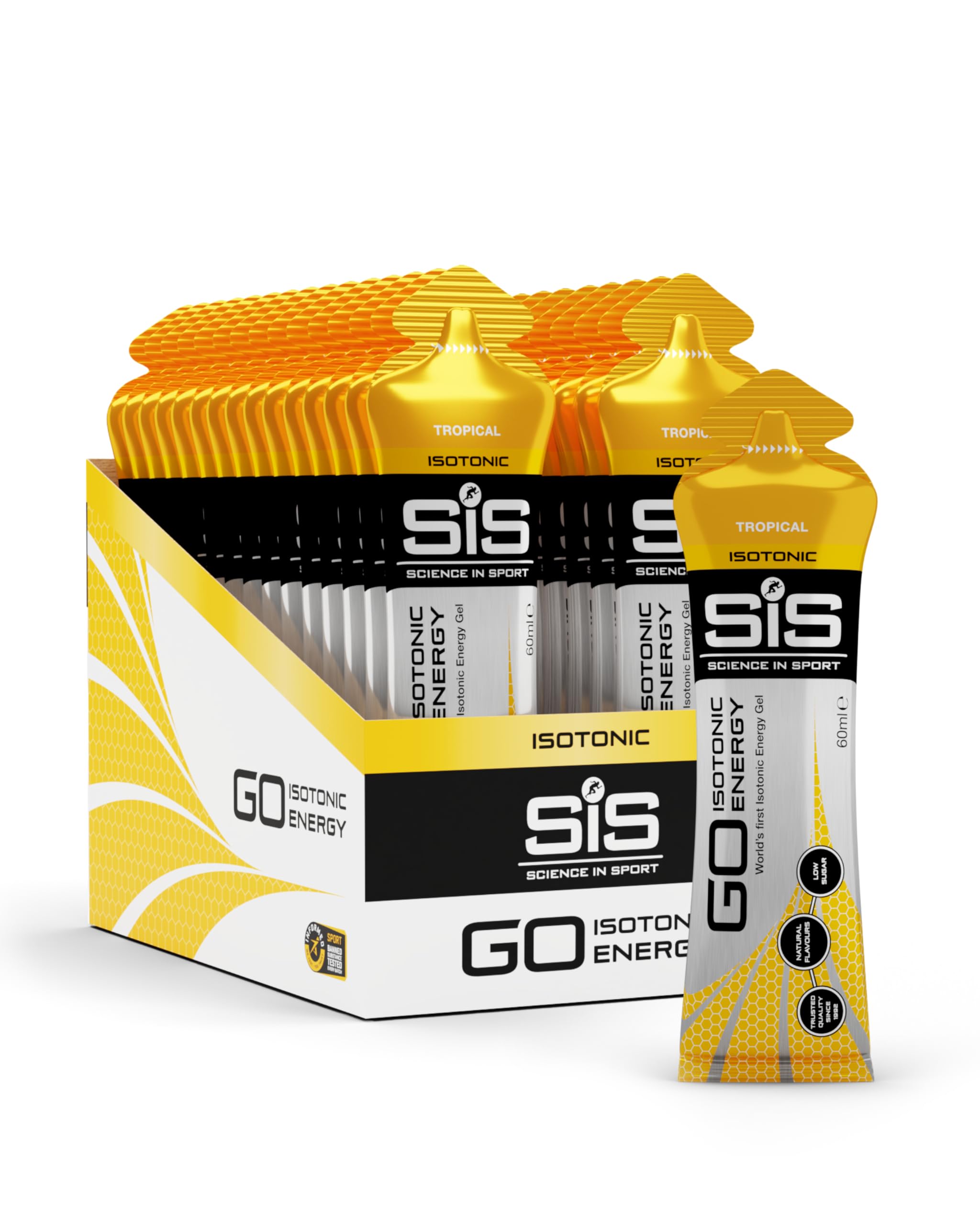 Science in SportGO Isotonic Energy Gels, Running Gels with 22 g Carbohydrates, Low Sugar, Tropical Flavour, 60 ml Per Serving (30 Pack)