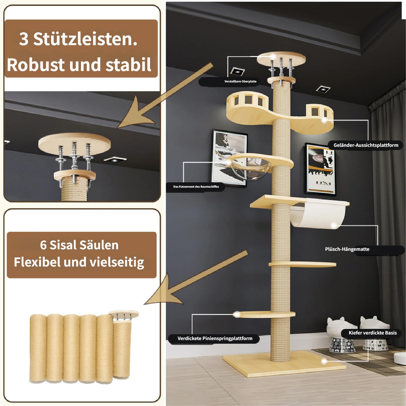 Kratzbaum, Kratzbaum Deckenhoch XXL für Große Katzen, Höhenverstellbar bis 3m, Stabiler Katzenkratzbaum Groß mit Kletterbaum, Schlafnest, Beobachtungsturm, Für Schwere Katzen (6 Ebenen)
