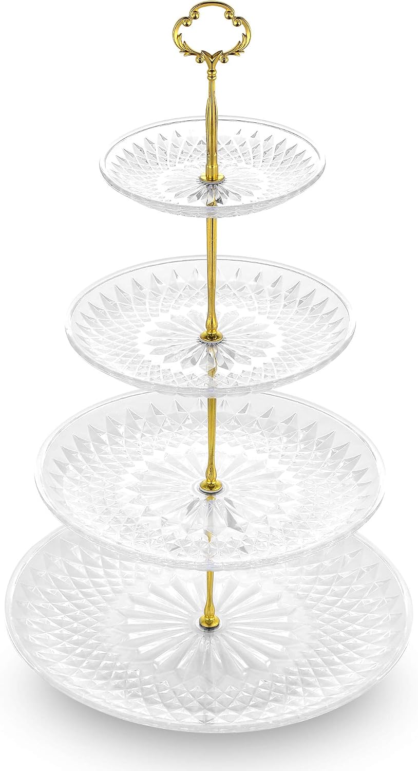 NWK 3/4-Tier Cupcake Stand with Crystal-Clear Plastic Plates and Metal Struts Dessert Stable Tower Display Rack Serving Tray for Wedding Birthday Bridal Shower Autumn NYE Tea Party (Gold)