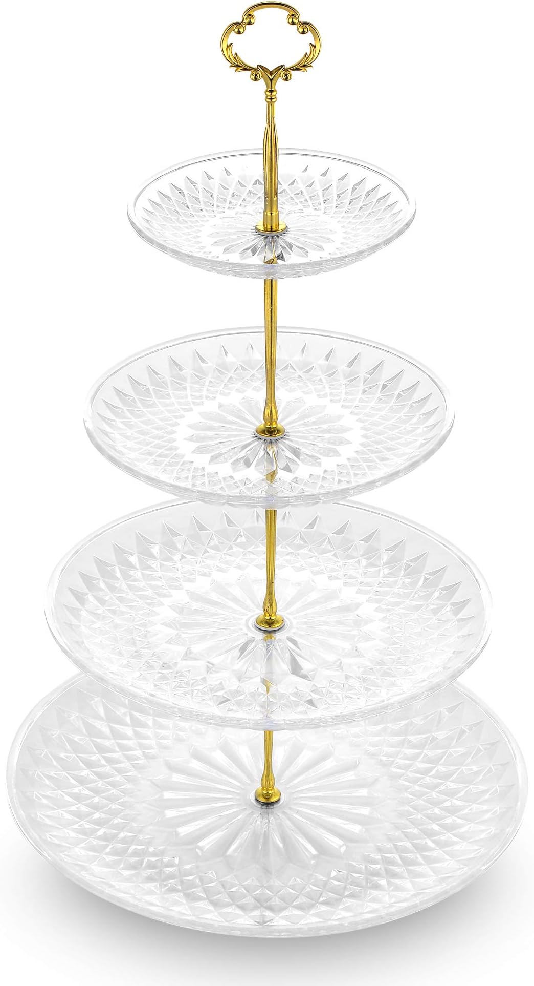 NWK 3/4-Tier Cupcake Stand with Crystal-Clear Plastic Plates and Metal Struts Dessert Stable Tower Display Rack Serving Tray for Wedding Birthday Bridal Shower Autumn NYE Tea Party (Gold)