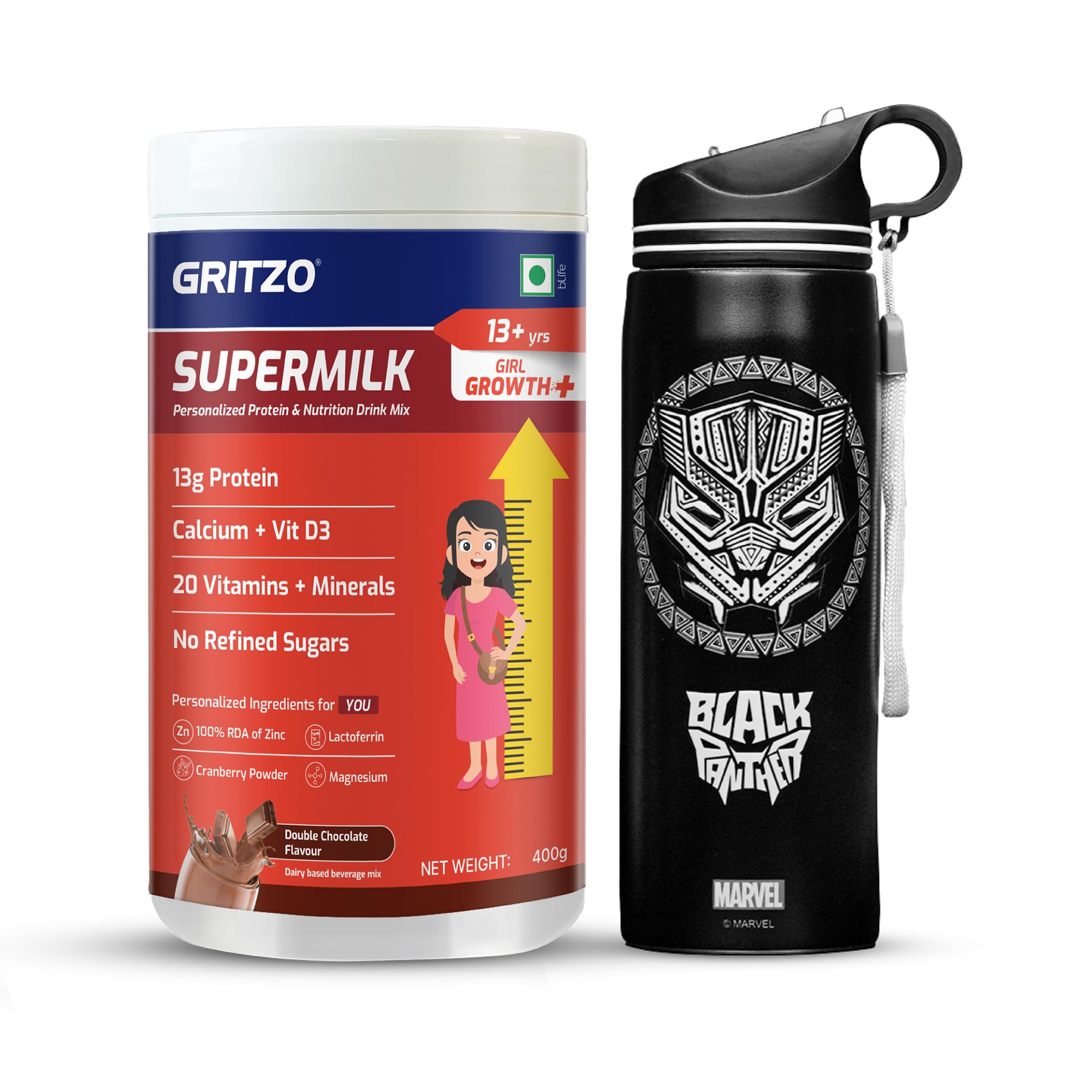 [BRSRGFDYCIPAECDP] Gritzo SuperMilk Growth+ (13+ Girl), Double Chocolate, 400g + Sipper