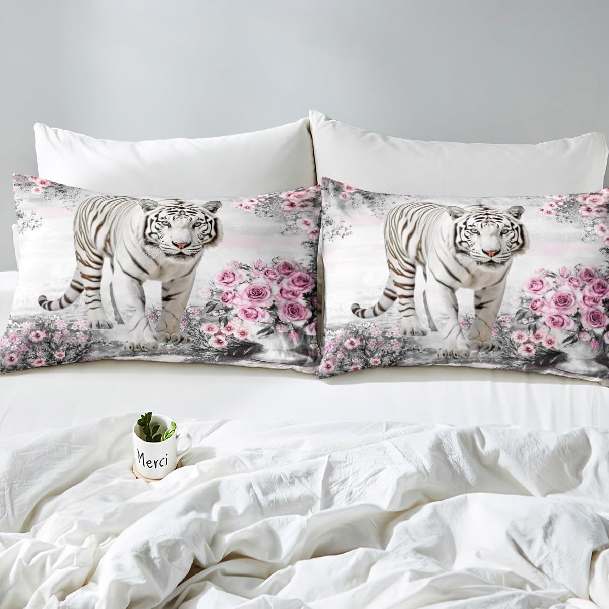 Castle Fairy White Tiger Bed Sheet King Set,Pink Rose Flower Western African Wildlife Animal Sheet Sets Adults Room Decoration,Floral Botanical Bedding Set with Flat,Fitted Sheet,2 Pillow Cases