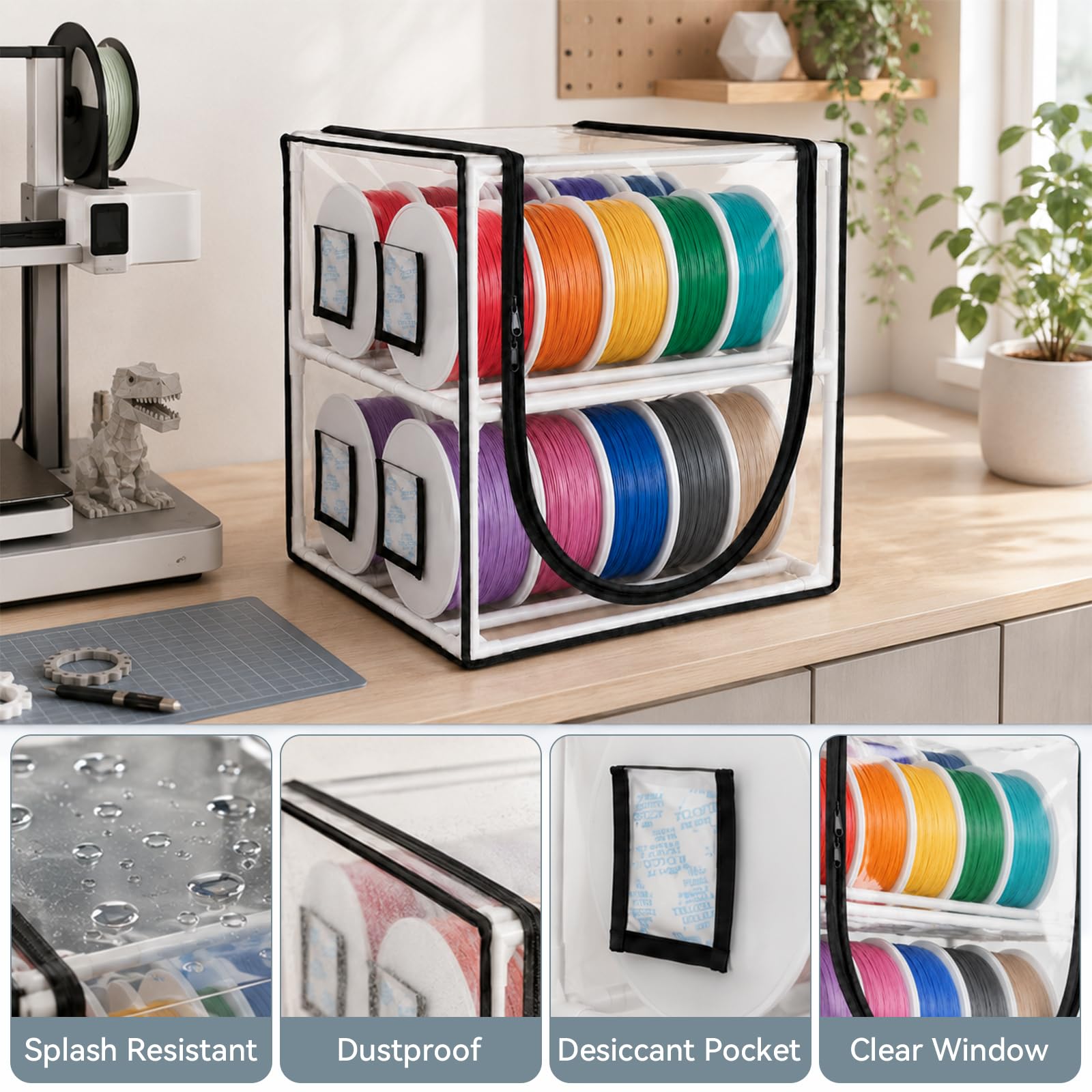 Contenitore per filamenti 3D, scaffale in metallo a 2 ripiani, copertura trasparente, ermetico e antipolvere, spazio per 20-24 rotoli, include 4 confezioni di gel di silice riutilizzabili, per PLA