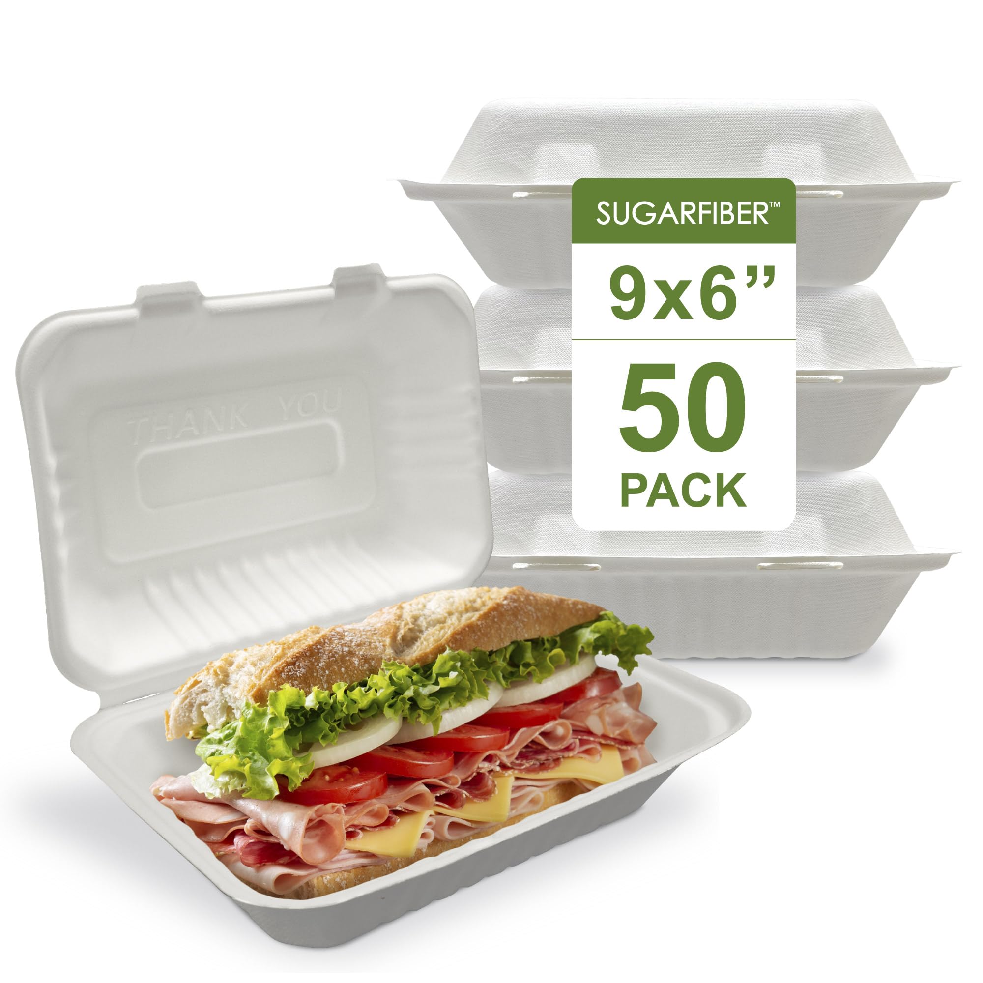 [50 COUNT] Sugarfiber 9 X 6" White Compostable Rectangular Hinged Container, Single Compartment Clamshell Takeout Box, Made from Eco-Friendly Plant Fibers