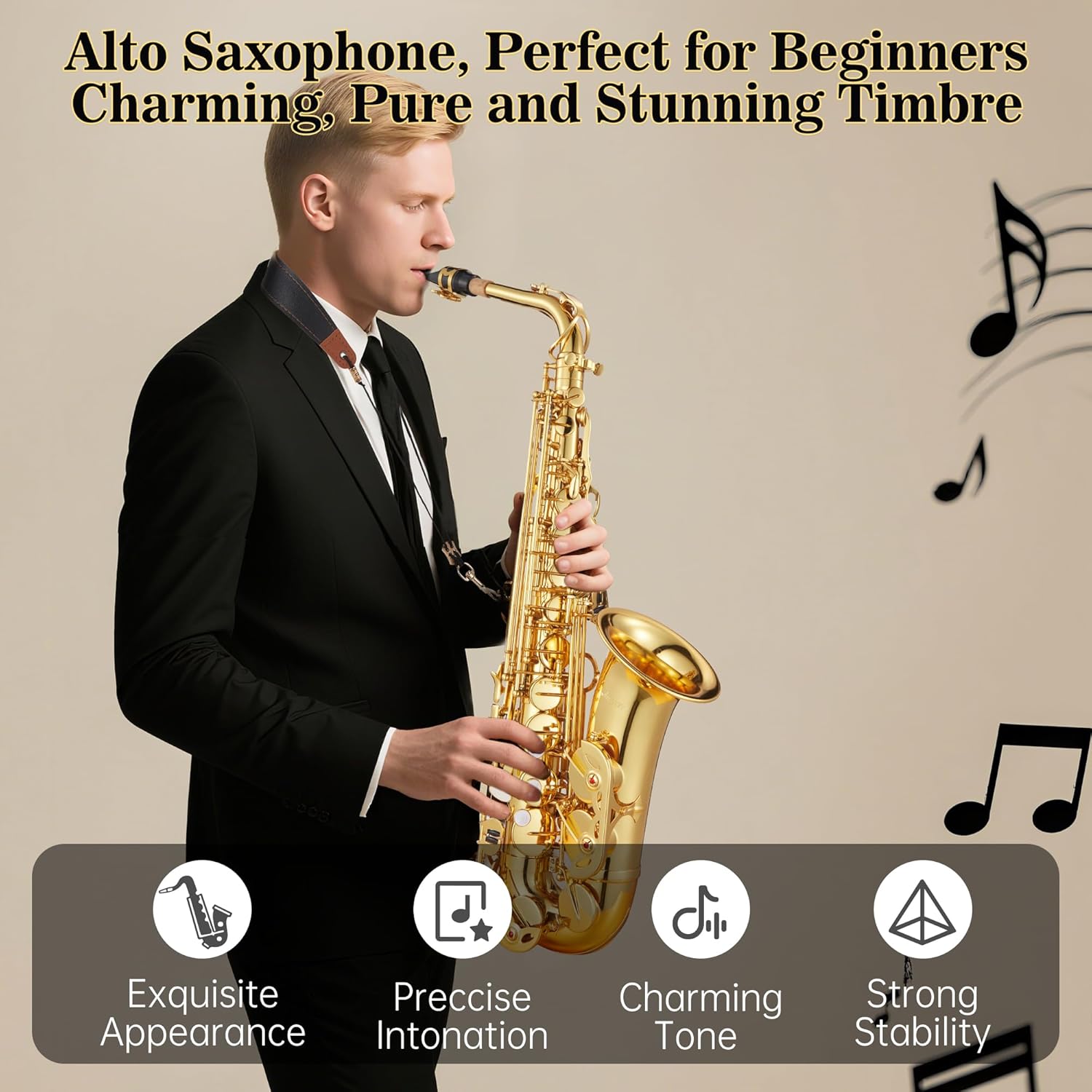 Alto Saxophone E Flat for Beginner Sax Full Kit with Mouthpiece, Straps, Reeds, Stand, Golden Lacquer